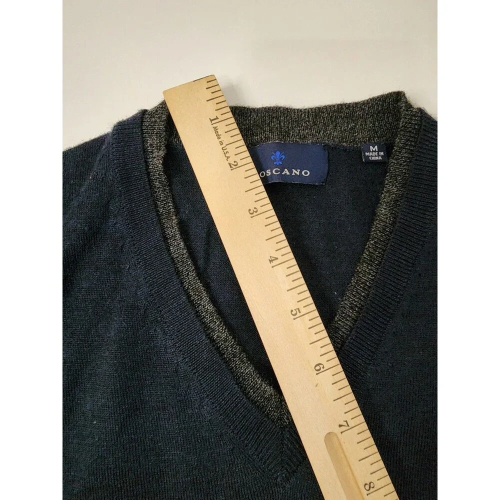 Toscano Sweater Mens Medium Navy Blue Merino Wool Blend V-neck Elbow Patches